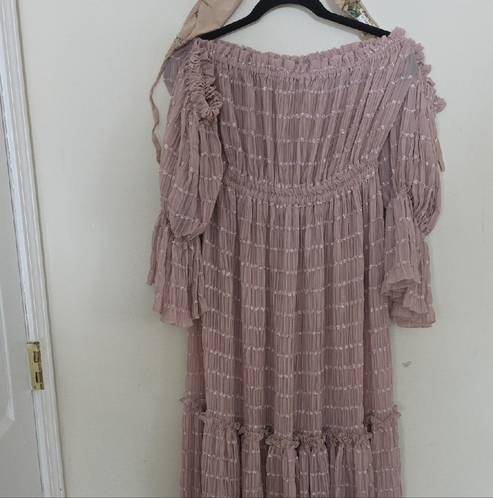 Smocked Off-Shoulder Maxi Dress in Dusty Pink
